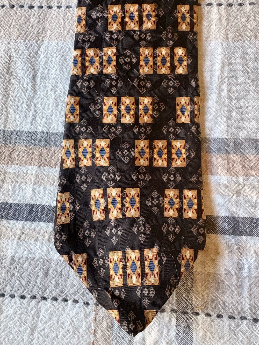 bill‎ blass Silk Black Tie with Gold and Blue Geometric Motif Business Formal